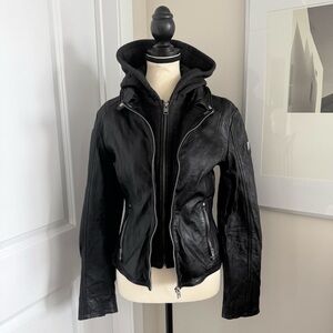 Mauritius Leather Moto Jacket w/ Removable Faux Hoodie – Small, Medium